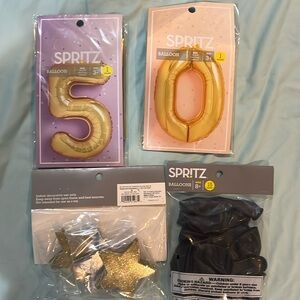 New 5, 0, Gold Balloons, 15 black balloons & Gold & Silver Star garland